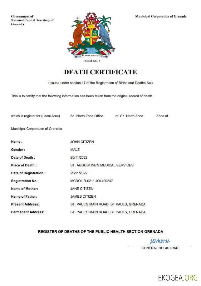 Modèle Word et PDF de certificat de décès de l'état civil de la Grenade